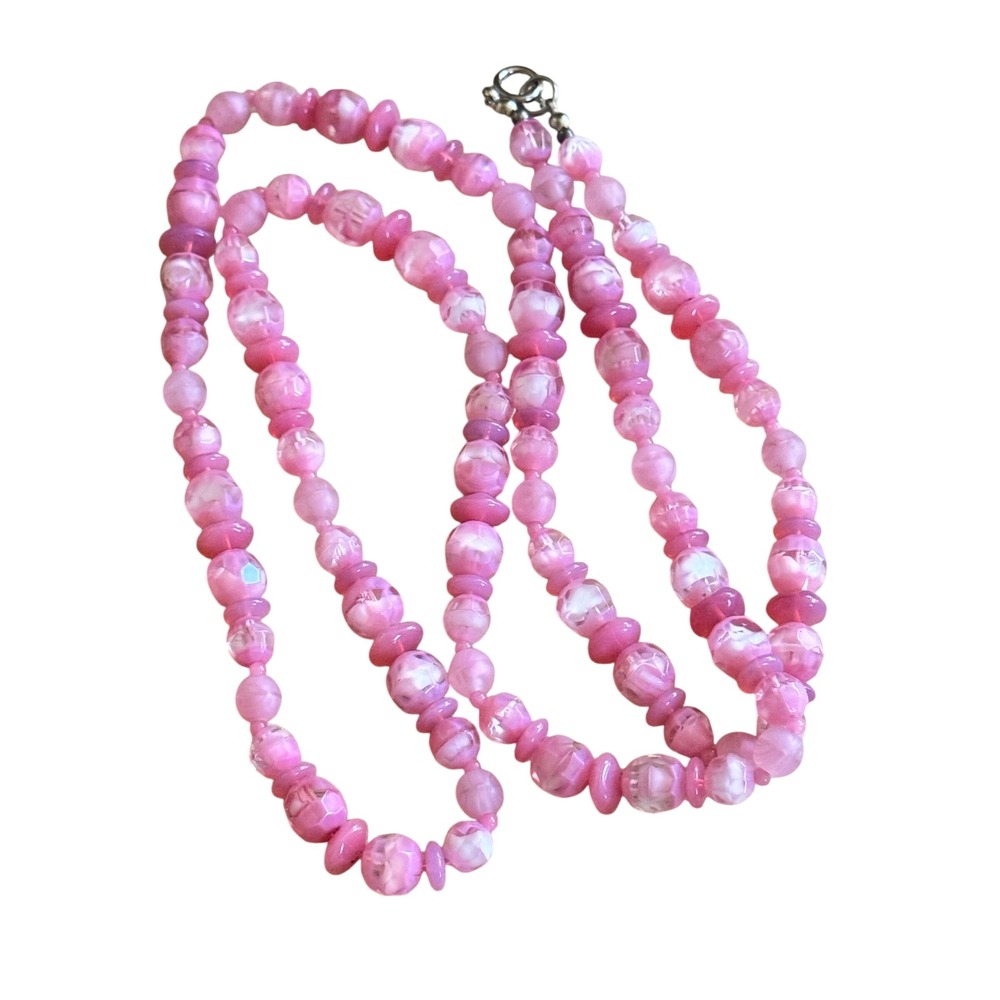 VTG Flapper Art Deco Czech Pink Swirl Glass Necklace Retro Beads Faceted Bonus